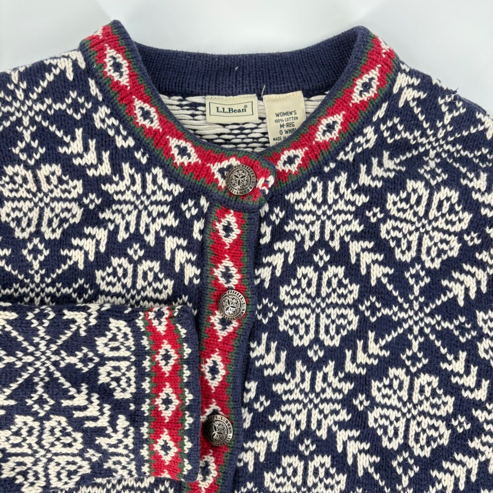 LL Bean Cardigan Sweater Womens Medium Navy Blue Fair Isle Snowflake Cotton
